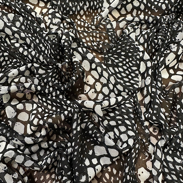 Black and White Reptile Print Stretch Mesh Fabric