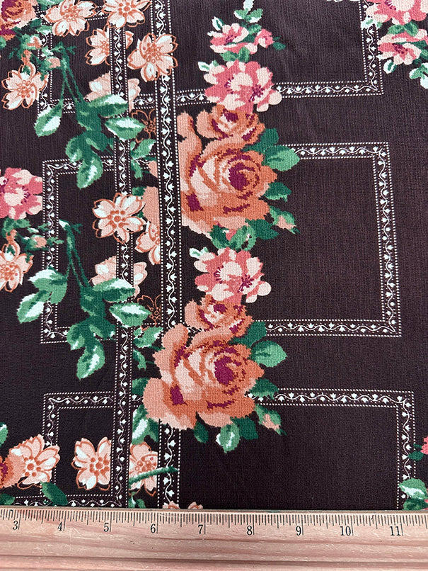 Brown Multi Trellis Poly Print High Crepe Fabric