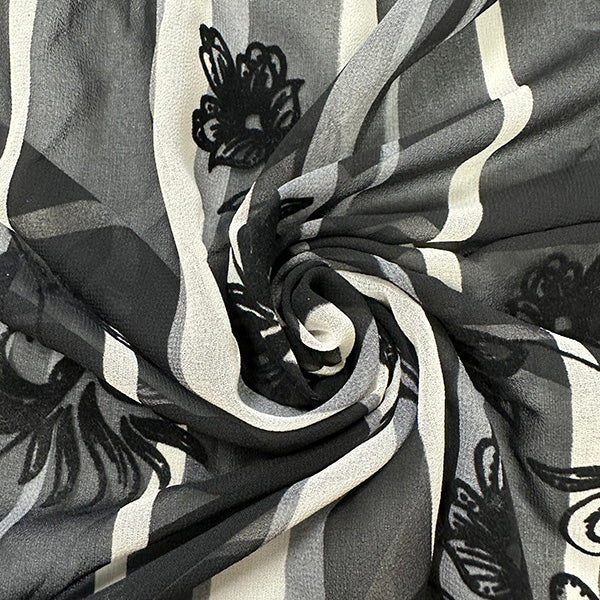 Black Flocked Floral Burnout Stripe Print High Crepe Fabric