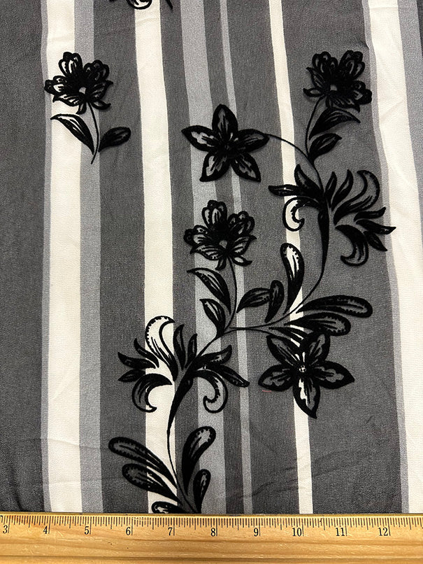 Black Flocked Floral Burnout Stripe Print High Crepe Fabric