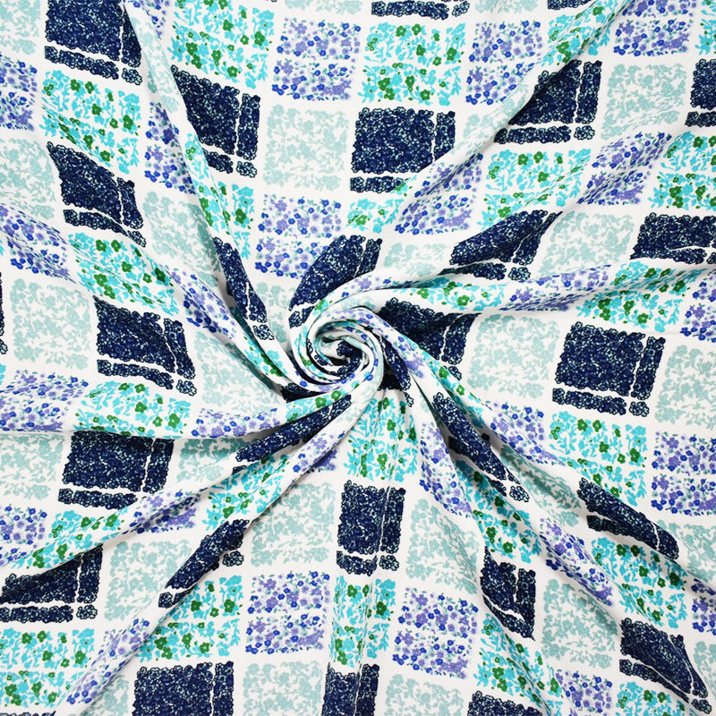 Turquoise Poly Check Floral Plaid Printed Moss Crepe Woven Fabric