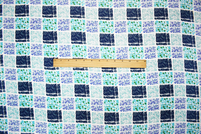 Turquoise Poly Check Floral Plaid Printed Moss Crepe Woven Fabric