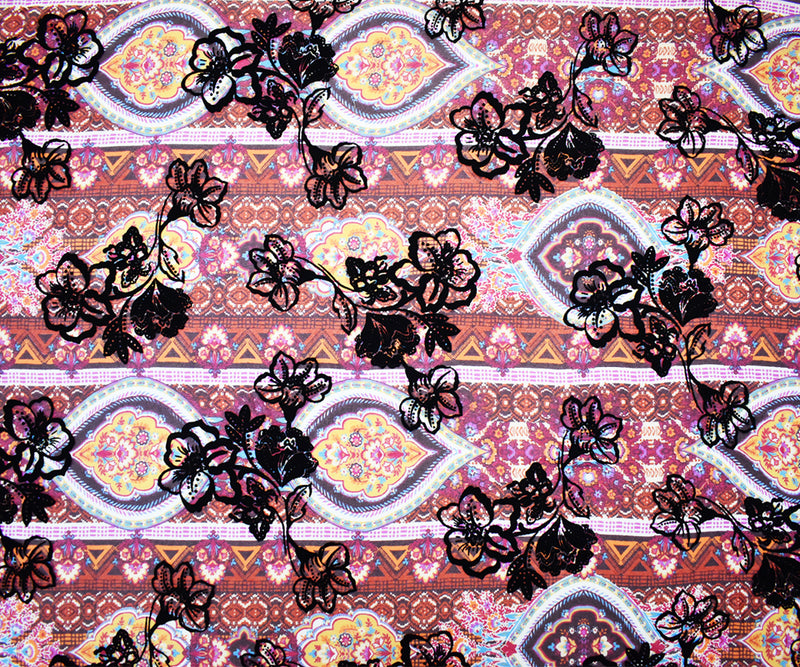 Purple-Multi Poly Patch Floral Velvet Flock Chiffon Woven Fabric