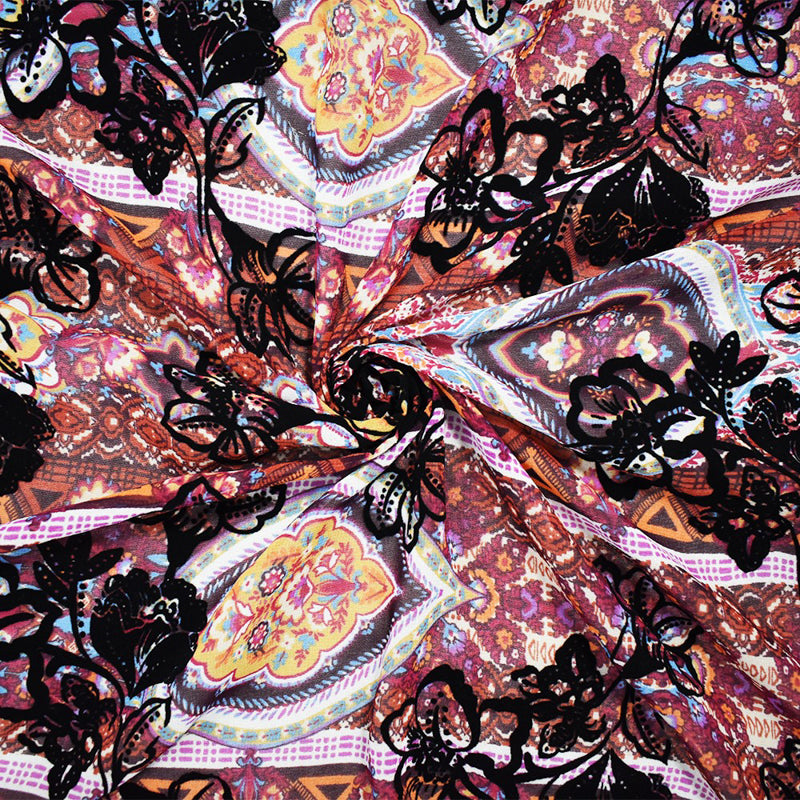 Purple-Multi Poly Patch Floral Velvet Flock Chiffon Woven Fabric