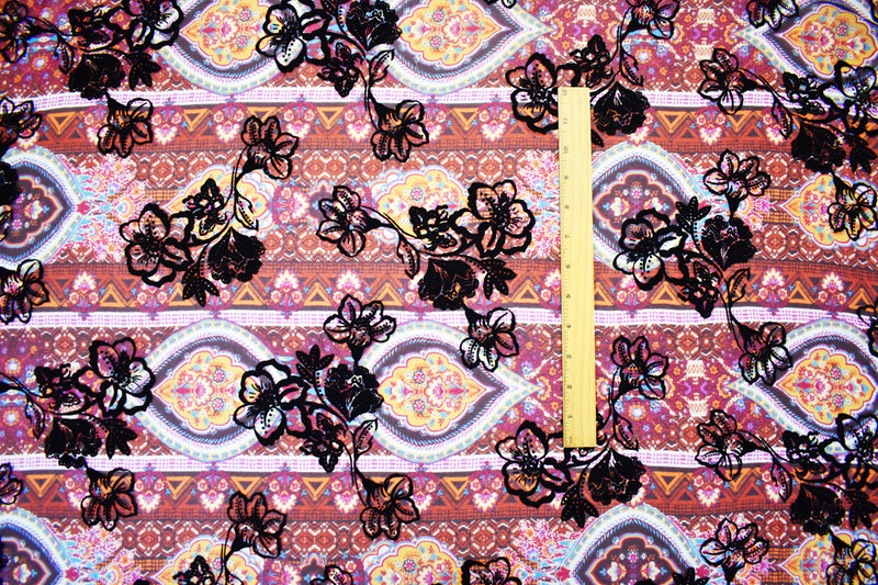 Purple-Multi Poly Patch Floral Velvet Flock Chiffon Woven Fabric