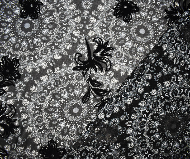Black Poly Medallion Print Floral Burnout Chiffon Woven Fabric