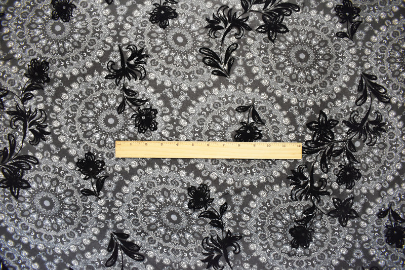Black Poly Medallion Print Floral Burnout Chiffon Woven Fabric