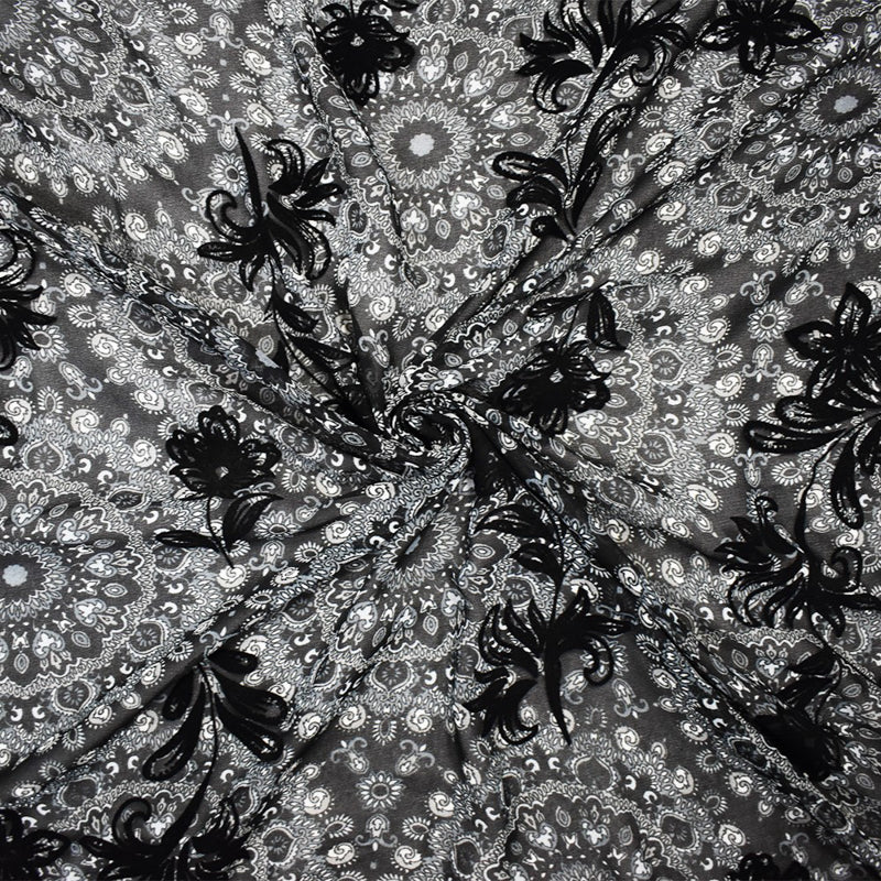 Black Poly Medallion Print Floral Burnout Chiffon Woven Fabric