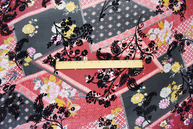 Red-Multi Poly Patch Floral Velvet Flocked Chiffon Woven Fabric