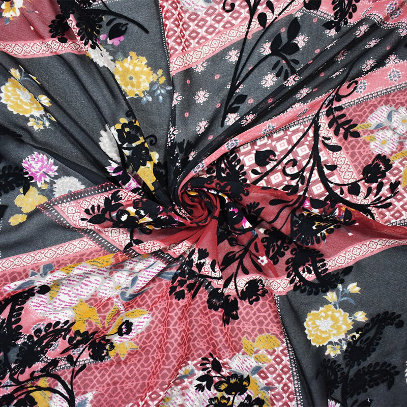Red-Multi Poly Patch Floral Velvet Flocked Chiffon Woven Fabric