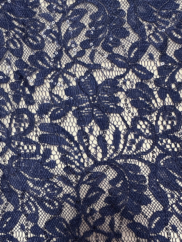 Image for 1 1/2 YD PC-Navy Blue Embroidered Sequin Lace Fabric