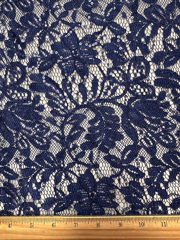 Image for 1 1/2 YD PC-Navy Blue Embroidered Sequin Lace Fabric