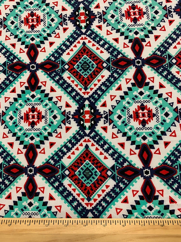 Aqua Multi Aztec Print Rayon Challis Fabric