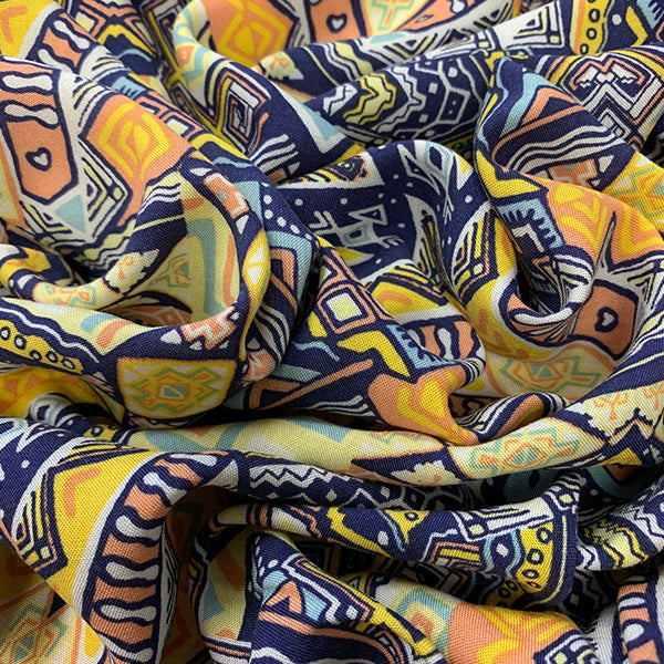 1 3/4 YD PC-Blue Multi Aztec Print Rayon Challis Fabric