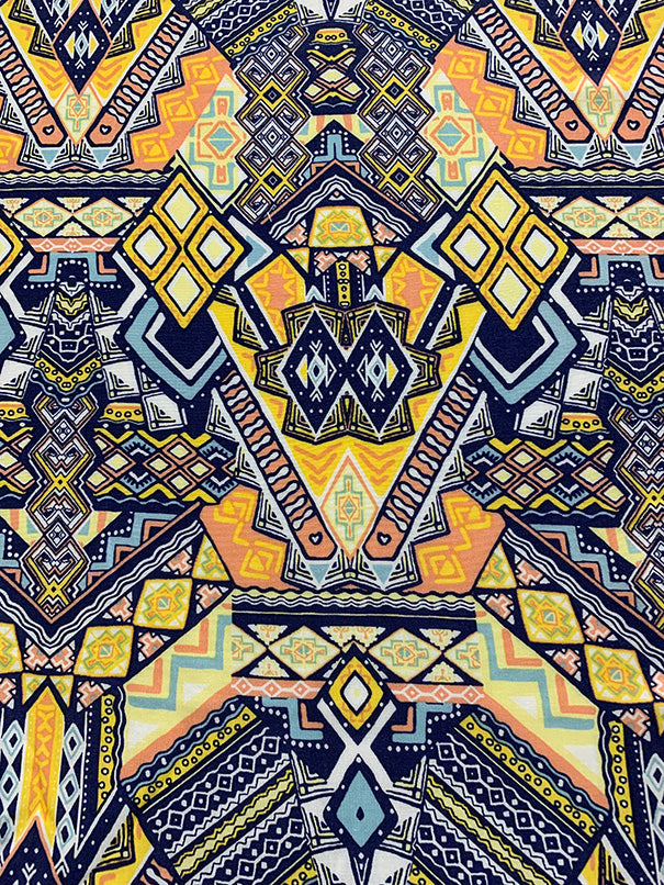 1 3/4 YD PC-Blue Multi Aztec Print Rayon Challis Fabric
