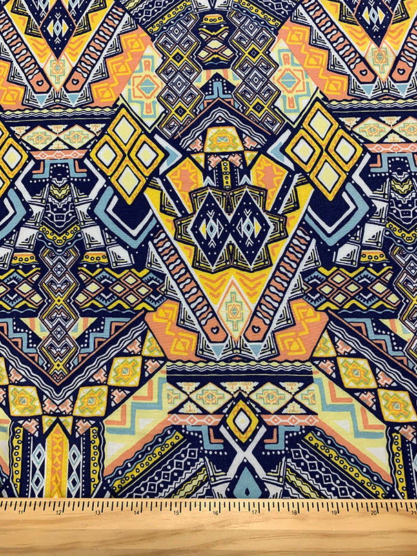 1 3/4 YD PC-Blue Multi Aztec Print Rayon Challis Fabric