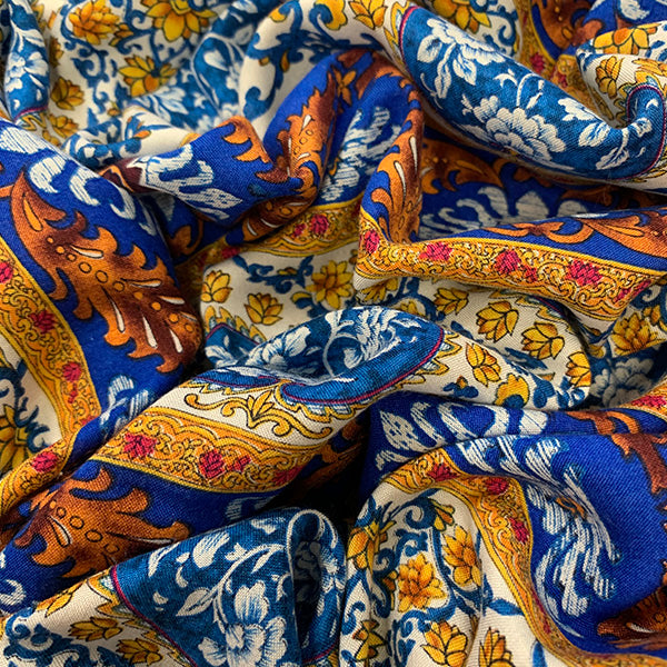 Blue Multi Stripe Print Rayon Challis Fabric