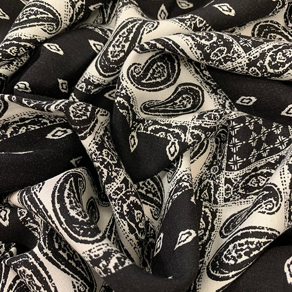 Black and White Bandana Print Rayon Challis Fabric