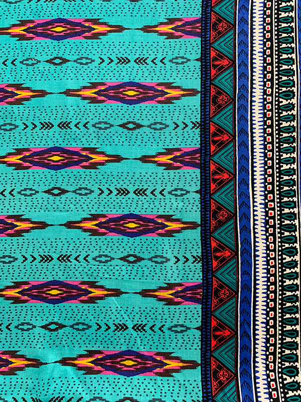 Blue and Pink Multi Stripe Print Rayon Challis Fabric