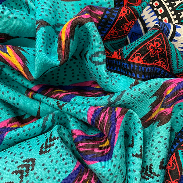 Blue and Pink Multi Stripe Print Rayon Challis Fabric