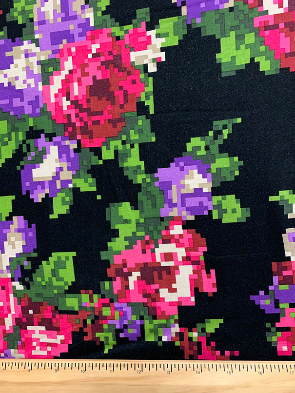 Black Pixelized Floral Print Rayon Challis Fabric
