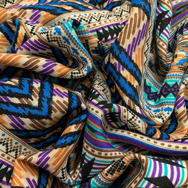 Teal and Purple Multi Print Stripe Rayon Challis Fabric