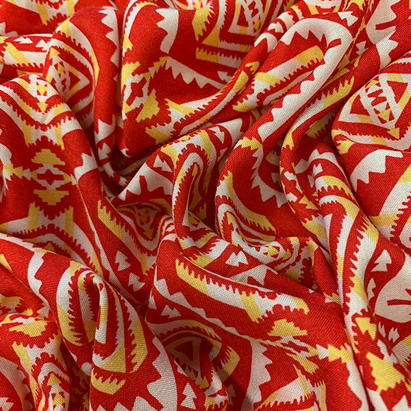 Red Multi Print Rayon Challis Fabric