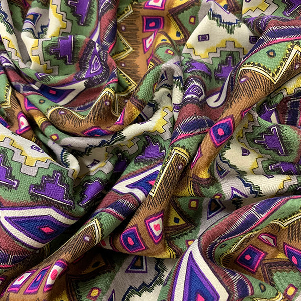 Brown Multi Aztec Stripe Print Rayon Challis Fabric