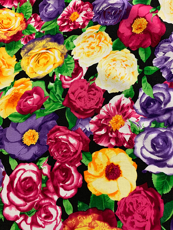 Black Multi Floral Print Rayon Challis Fabric