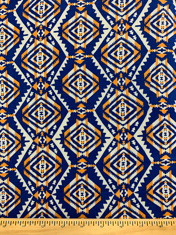Blue Aztec Stripe Print Rayon Challis Fabric