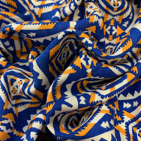Blue Aztec Stripe Print Rayon Challis Fabric