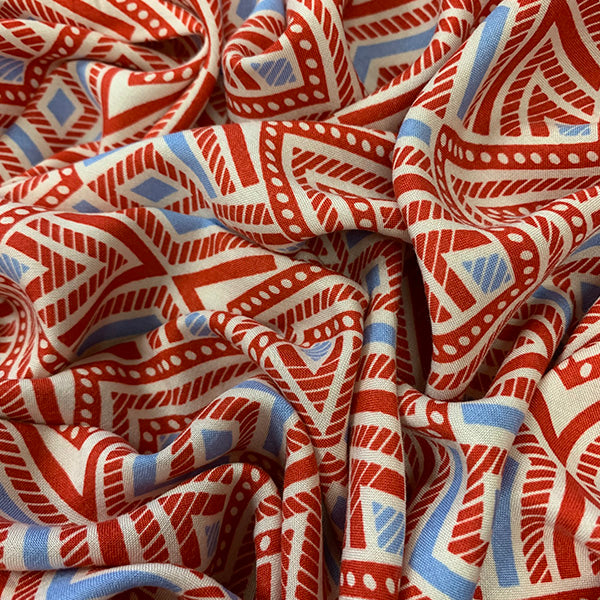 Red and White and Blue Print Rayon Challis Fabric
