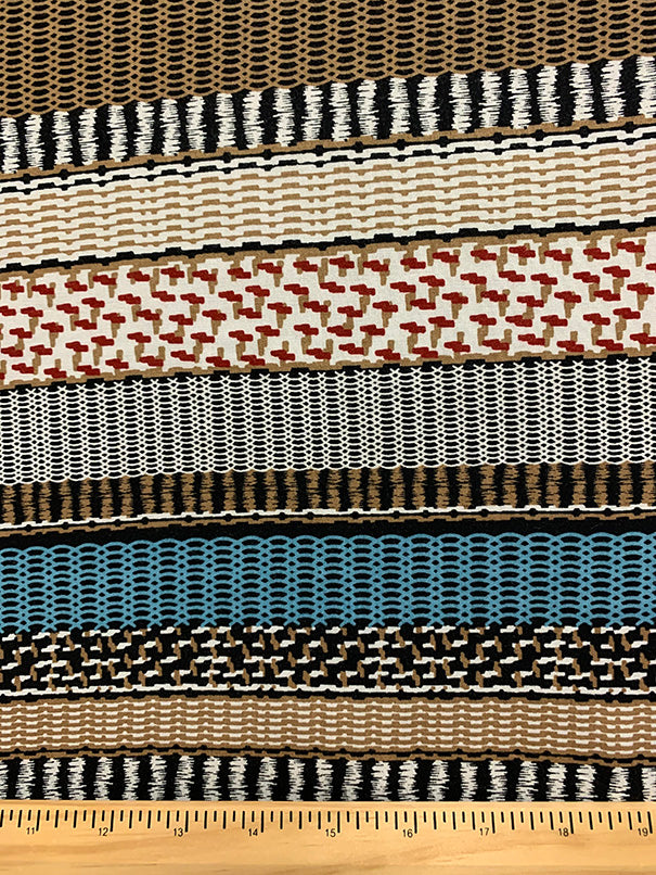 Red and Brown Multi Stripe Print Rayon Challis Fabric
