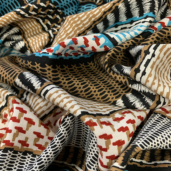 Red and Brown Multi Stripe Print Rayon Challis Fabric
