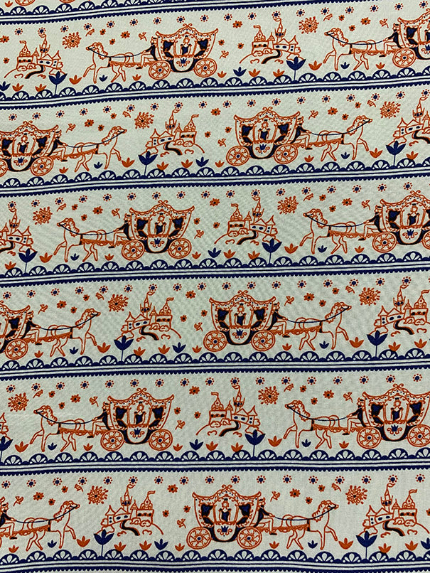 White Multi Horse Carriage Stripe Rayon Challis Fabric