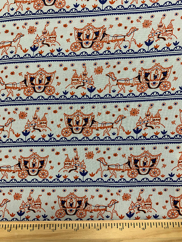White Multi Horse Carriage Stripe Rayon Challis Fabric