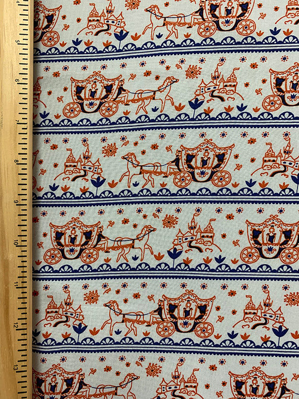 White Multi Horse Carriage Stripe Rayon Challis Fabric