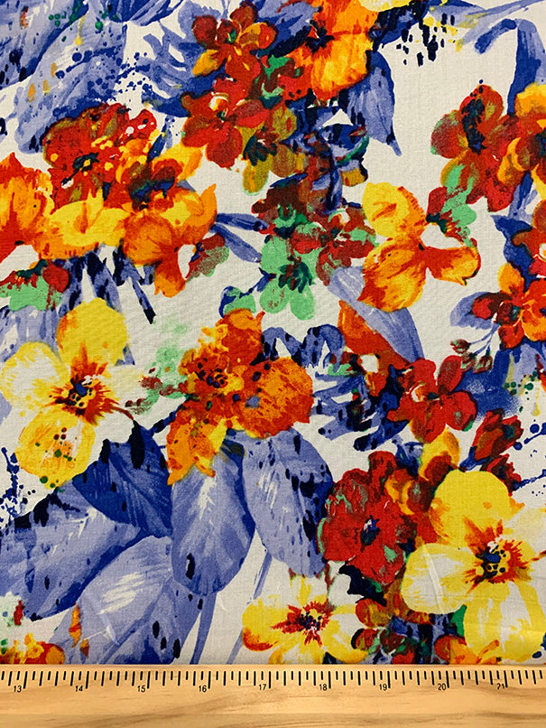 2 3/4 YD PC-Red and Blue Multi Print Floral Rayon Challis Fabric
