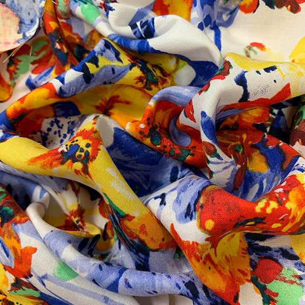 2 3/4 YD PC-Red and Blue Multi Print Floral Rayon Challis Fabric