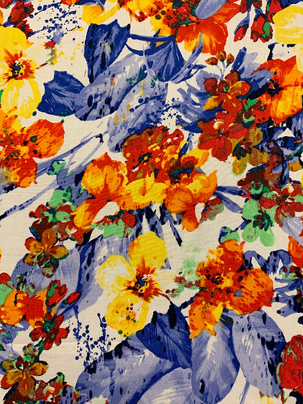 2 3/4 YD PC-Red and Blue Multi Print Floral Rayon Challis Fabric