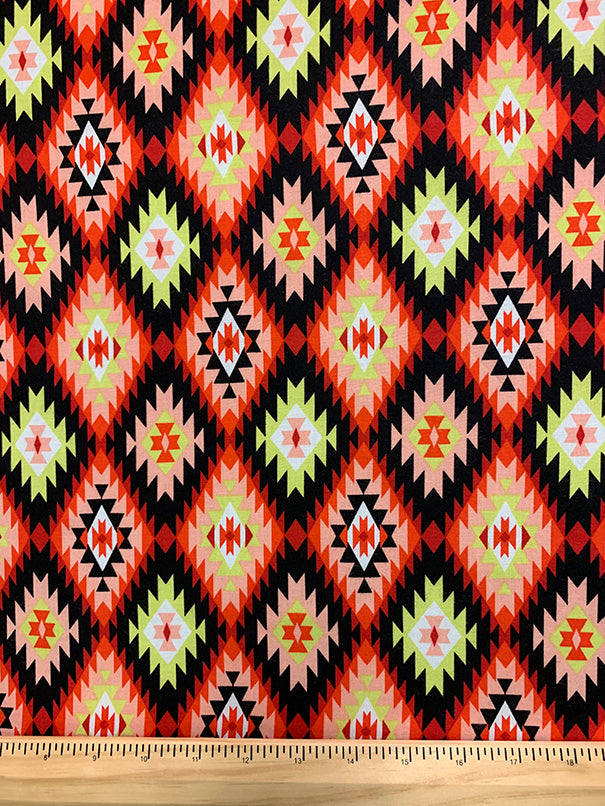 Red and Black Aztec Print Rayon Challis Fabric