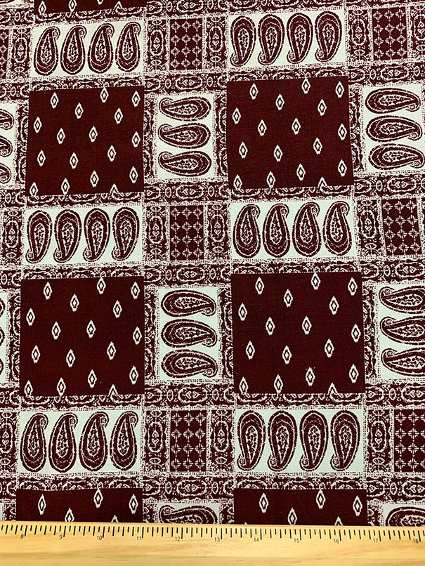 Burgundy and White Bandana Patchwork Print Rayon Challis Fabric