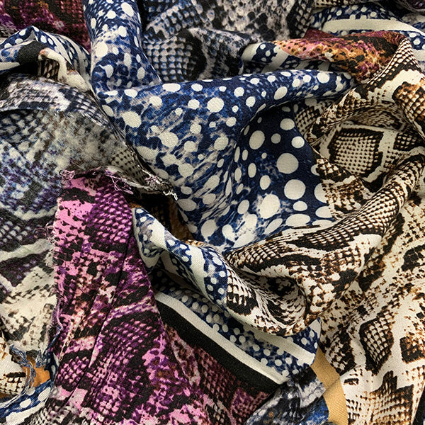 Purple and Blue Multi Animal Patchwork Print Rayon Challis Fabric