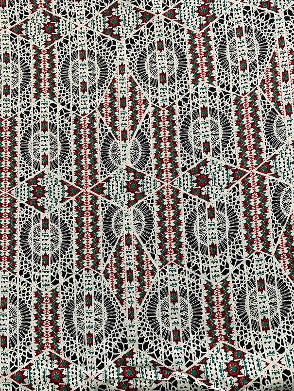 Red and Green Lace Look Print Rayon Challis Fabric