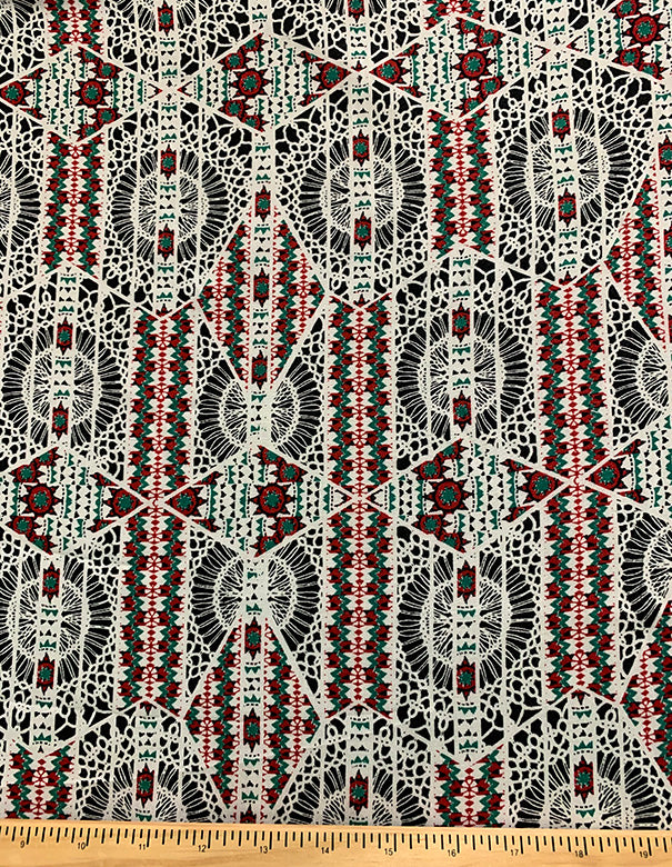 Red and Green Lace Look Print Rayon Challis Fabric