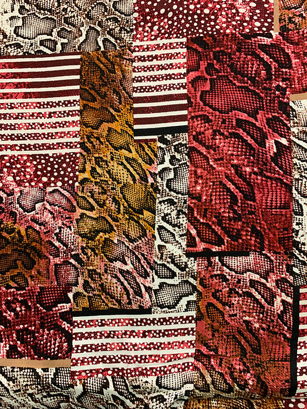 Red and Black Multi Animal Patchwork Print Rayon Challis Fabric