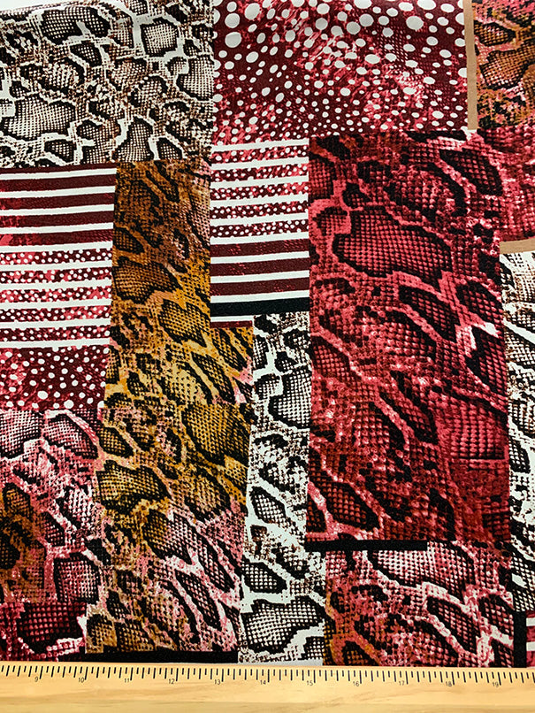 Red and Black Multi Animal Patchwork Print Rayon Challis Fabric