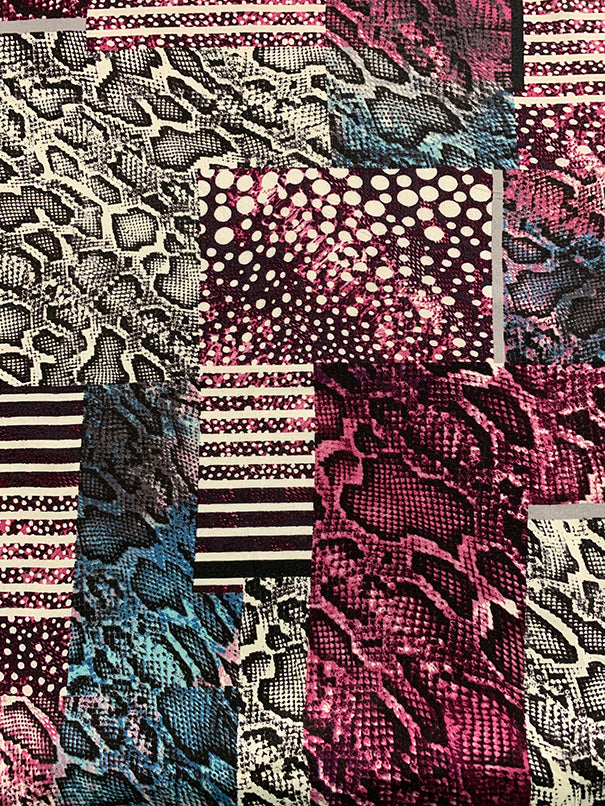 Magenta and Teal Animal Multi Patchwork Print Challis Fabric