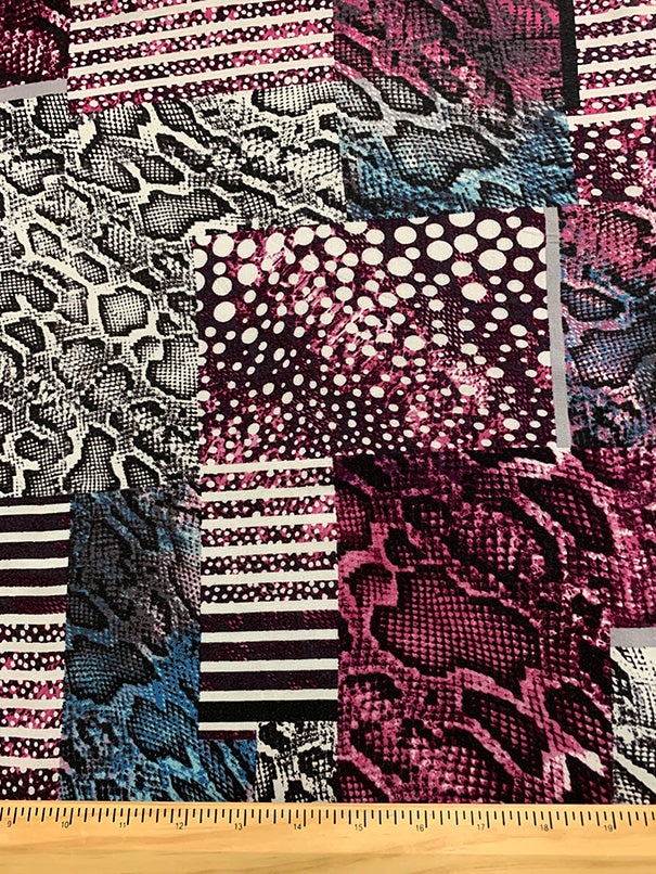 Magenta and Teal Animal Multi Patchwork Print Challis Fabric