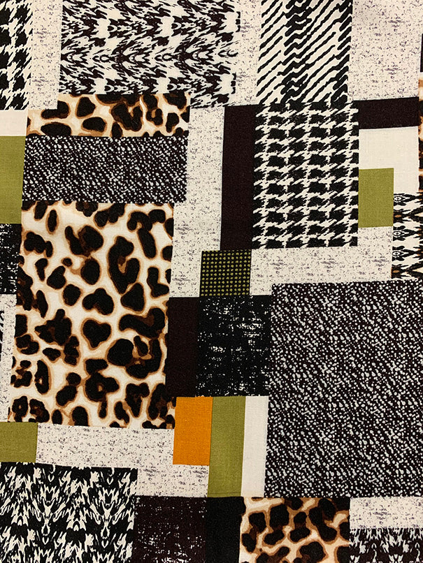 Orange and Olive Patchwork Print Rayon Challis Fabric